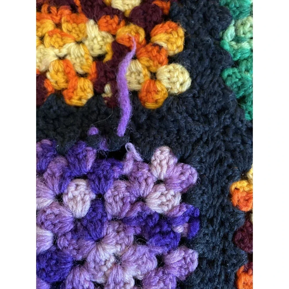 Granny Square Afghan Throw Blanket 86 X 64” Black Red Purple Green Handmade Vtg